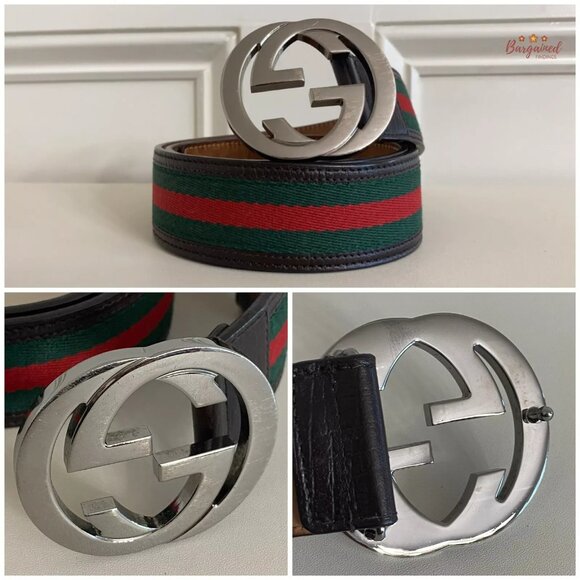 Authentic Gucci Web Canvas Brown Leather Silver Interlocking G Buckle Belt 85/34 - Picture 2 of 12